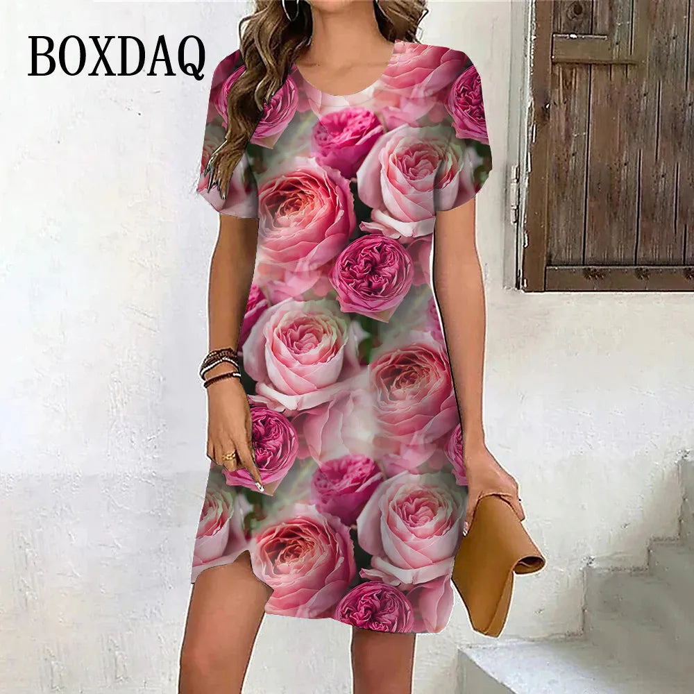 New 2024 Summer Dresses Women Tie Dye Scenery Flower Print Dress Female Clothing Casual Retro Short Sleeve Loose Plus Size Dress