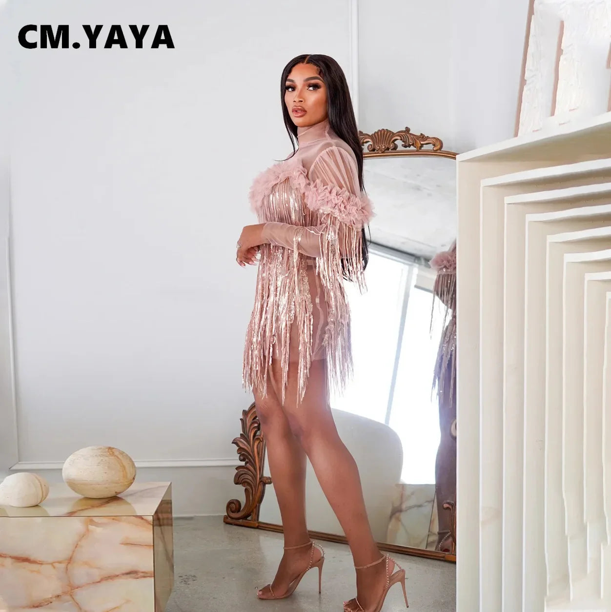 CM.YAYA Women Full Sleeve Sequined Tassel Ruffles Mini Dress Mesh See Through Sexy Evening Night Club Party Dresses Vestidos