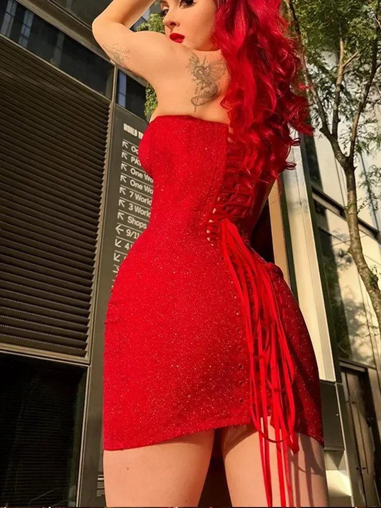 Chic Women Red Shinny Strapless Lace Up Mini Dress Sexy Off Shoulder Backless Sleeveless Vestidos Elegant Lady Party Club Gowns