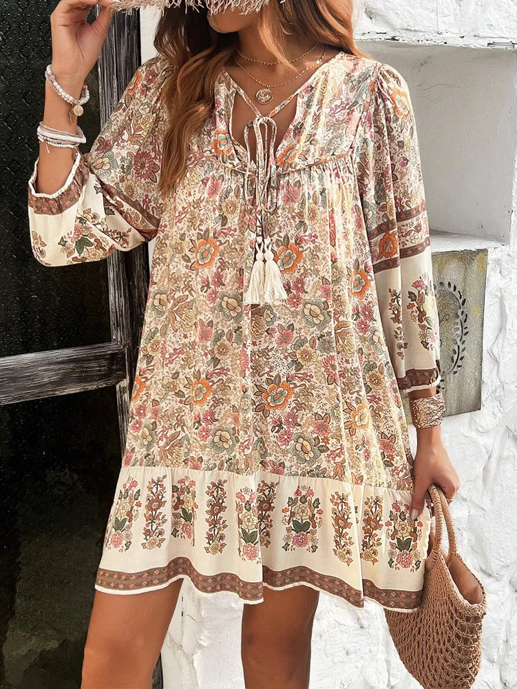 Canwedance Women's Bohemian Printed Dress V Neck Chic Short Dress Loose Fit Viscose Holiday Dresses Femme Hippie Vestidos