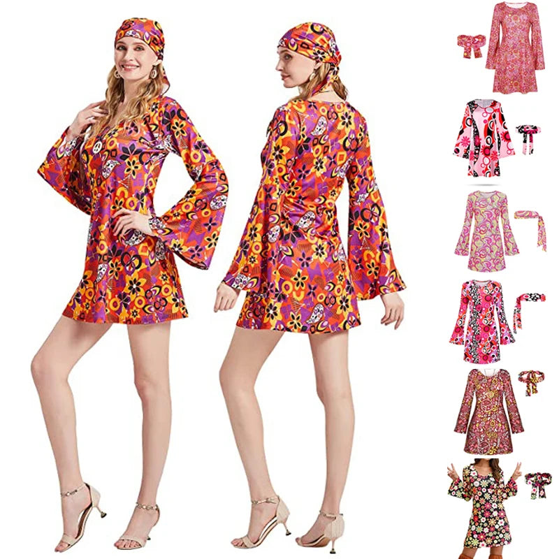 2-piece Set Ladies Printed Dress+headscarf 70s Hippie Dress Fashion Round Neck Long Sleeve Loose Fancy Dress Streetwear