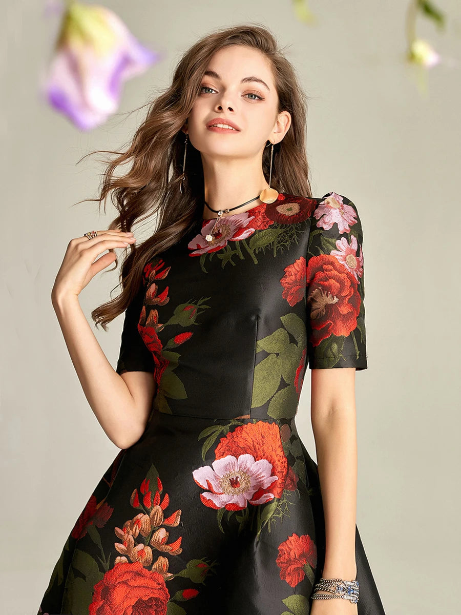 High Quality Luxury Brocade Women Short Sleeves Fashion Swallow Tail Dress Girl Party Floral Elegant Celebrity-inspired Clothes