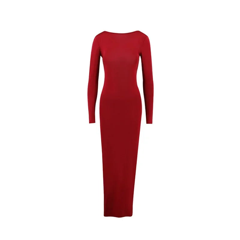 Women's Red Fashion Commuter Banquet ins Slim Long Sleeve Backless Sexy Package Hip Dresses