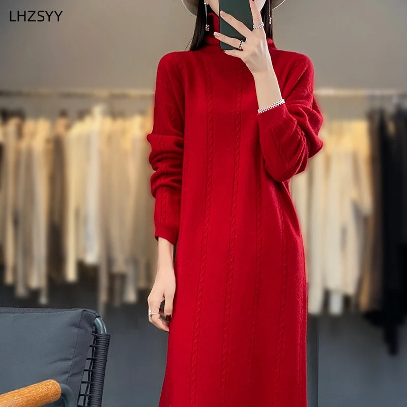 LHZSYY Turtleneck 100% Pure Wool Dress Women's New Autumn Winter Hip Wrap Knit Skirt High-End Sweaters Loose Cashmere Long Dress