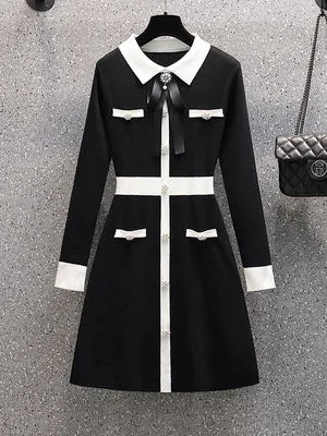 Small Fragrance Fall Winter Knitted Sweater Dress Women Bow Tie Buttons Vintage Party Mini Dress Elegant Casual Chic Robe Femme