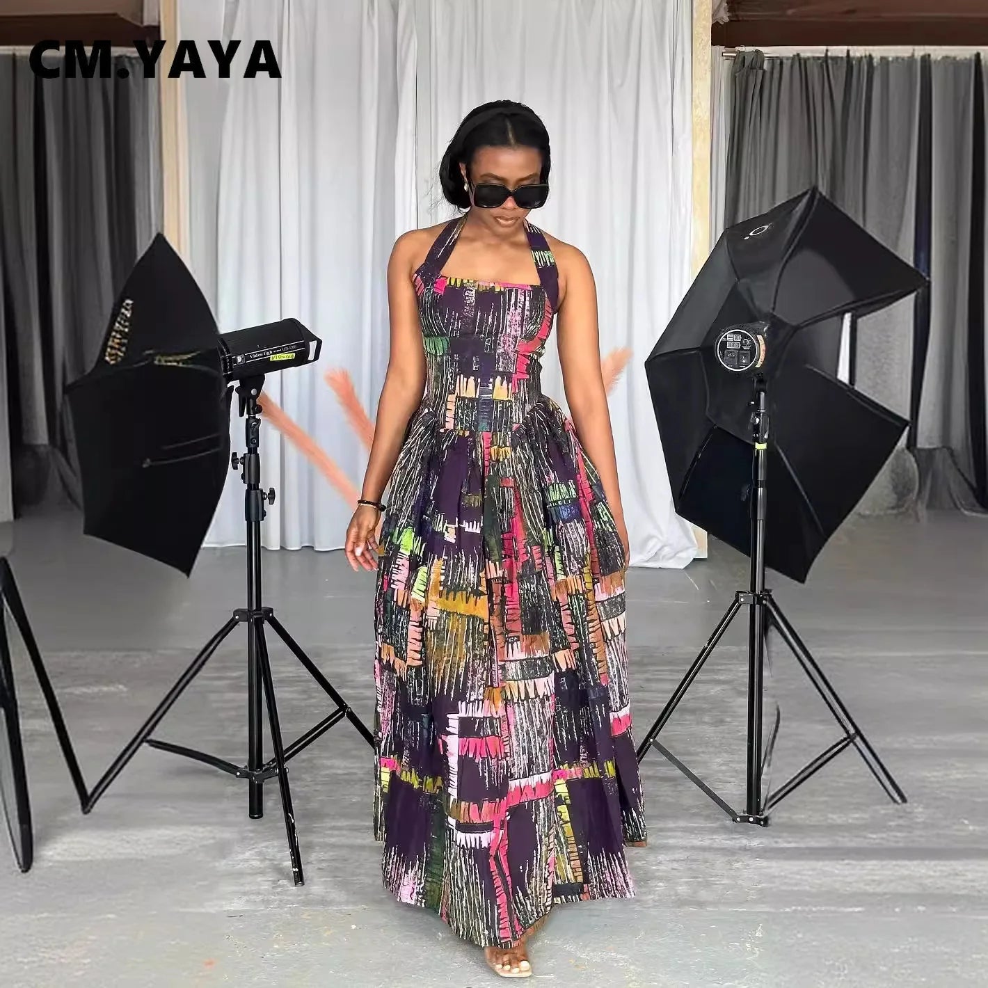 CM.YAYA Vintage Women Print Halter Strapless Long Maxi Dress 2024 Summer Street Sexy Night Party Club Big Swing Dresses Vestidos