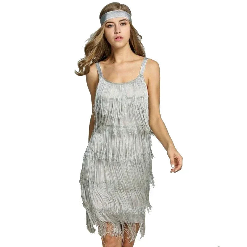 Women's Fashion Sleeveless Backless Tassel Dress Cocktail Great Gatsby Party Tassel Dress Retro Dance Costume