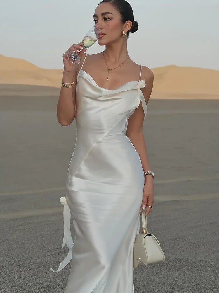 Women Chic Backless Slim Fit Long Gowns Elegant White Satin Lace-up Strappy Dresses 2025 Spring Ladies Holiday Beach Sexy Robes