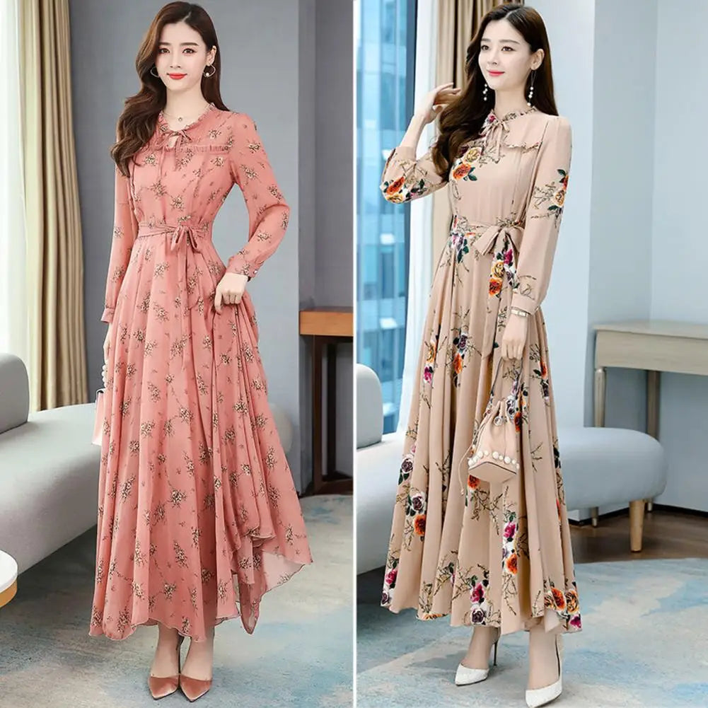 Women Maxi Dress Temperament Loose Hem Tight Waist Flower Print Lace Up Dress-up Long Sleeves A-line Banquet Dress Female Clothe