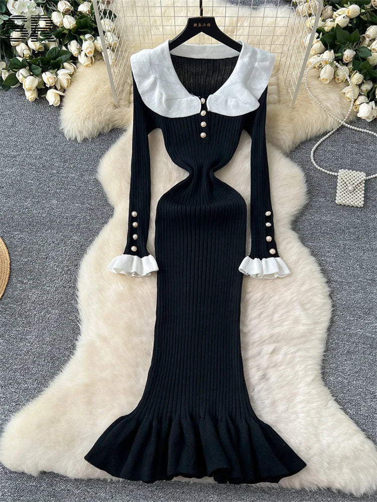 SINGREINY Autumn Vintage Knit Dress Women Pearl Button Design Peter Pan Collar Flare Sleeve Winter Newest Slim Casual Dresses