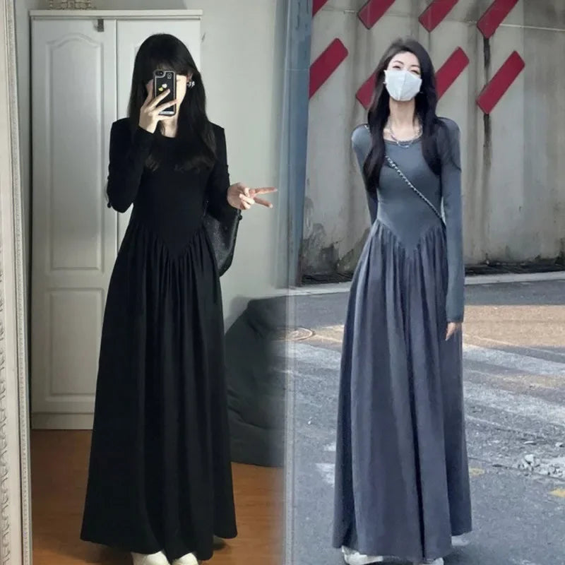 Elegant French Style Long Sleeve Black Dress For Women Korean Version 2024 Early Autumn Commuting A- line Inner Long Dress