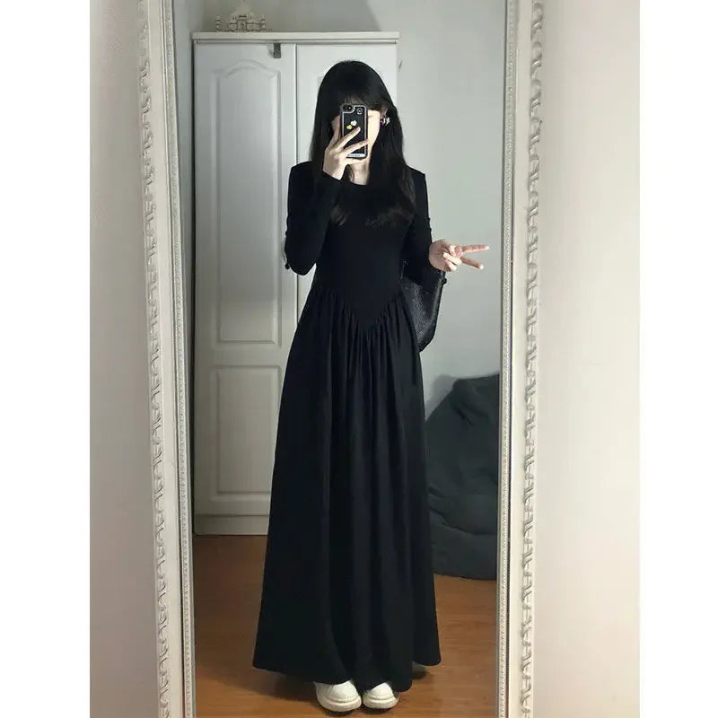 Elegant French Style Long Sleeve Black Dress For Women Korean Version 2024 Early Autumn Commuting A- line Inner Long Dress