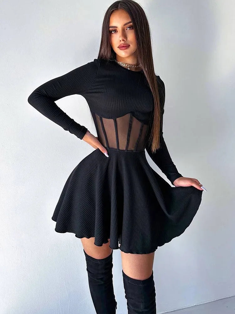 Ahagaga Fashion Solid Women's Mini Dresses A-Line Knitted Sheer Slim Fit Long Sleeves Bodycon O-Neck Party Streetwear Vestidos