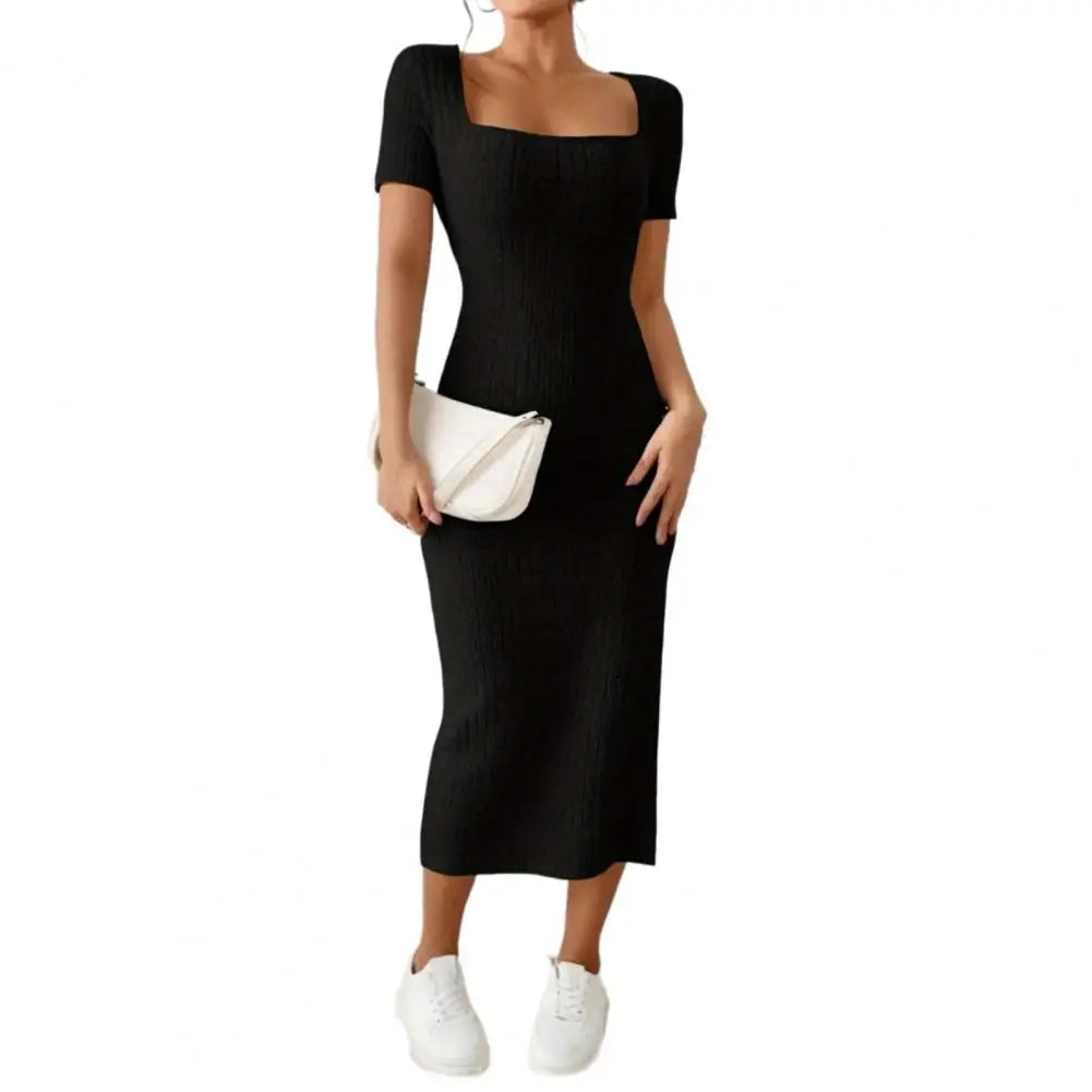 Women Summer Dress Split Hem Knitted Elastic Mid-calf Length Knitted Slit Dress Lady Party Commute Casual Ins Style Midi Dress