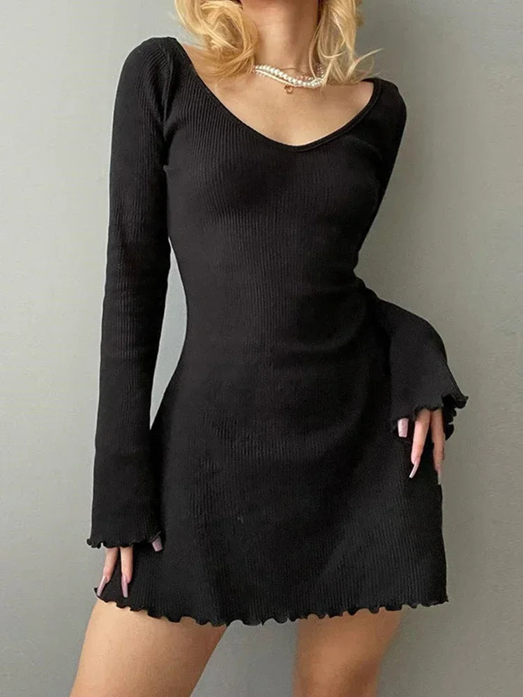 Solid U Neck Backless Sexy Mini Dress Y2K A-Line Flared Long Sleeves Knitted Dress Women Basic Autumn Winter Streetwear Chic