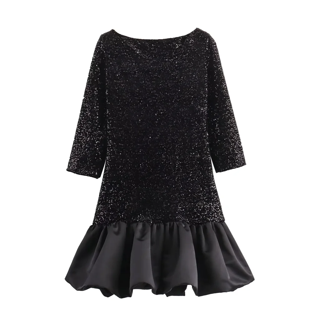 PB&ZA 2024 Spring New Women's Fashion and Elegance Versatile Round Neck Open Back Sparkling Mini Dress