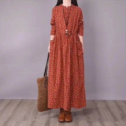 2021 New Vintage Buttoned Small Flower Casual Slimming Medium-Length Long Sleeve Big Swoop Dress For Women