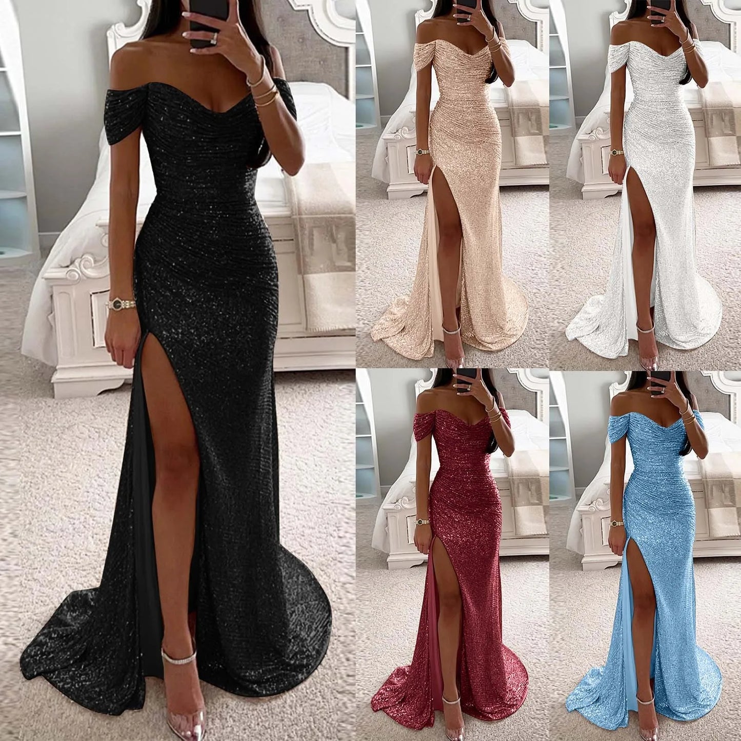 Chic and Elegant Women Evening Maxi Dresses 2024 Off-Shoulder Sequin Mermaid Prom Formal Gowns For Party Split Night Dress