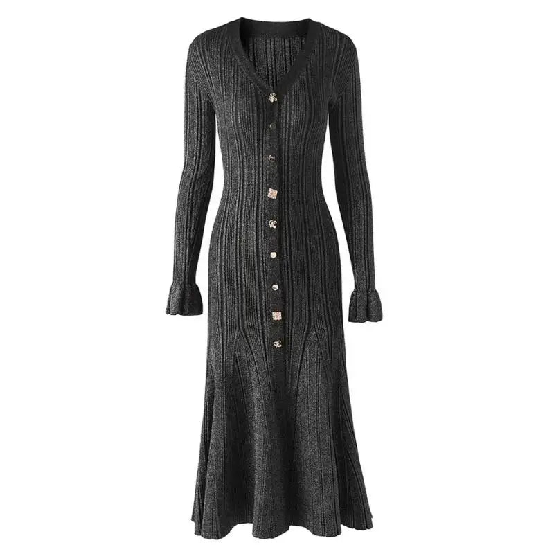 Retro Women Black Beige Temperament Single Breasted Slim Knit Dress Autumn Winter Red Long Sleeve V Neck Elegant Fishtail Dress