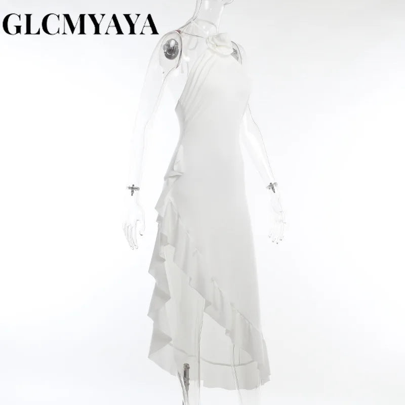 GLCMYAYA Women Streetwear Solid High Side Slit Sexy Slim Dress 2023 INS Spliced Three-dimensional Decoration Floral Dresses