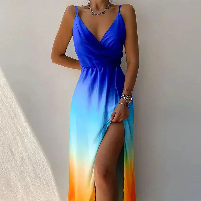 Summer 2024 Women Print Camisole V Neck Sleeveless Dress A Line Spaghetti Strap Sexy Split Evening Skirt Prom Long Dresses