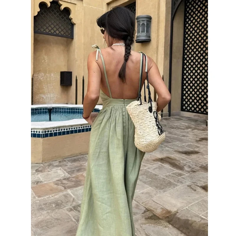 Original Backless Cotton Suspender Dress Spring and Summer Women's Elegant Mori Style Sexy V-Neck High Waist Suspender Dress