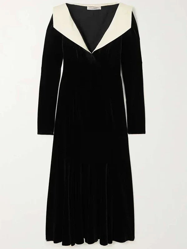 Krisnanas Black Velvet Long Evening Dress 2024 New A-line Long Sleeves Solid Color Velvet Deep V-Neck Maxi Dresses Midi Dresses