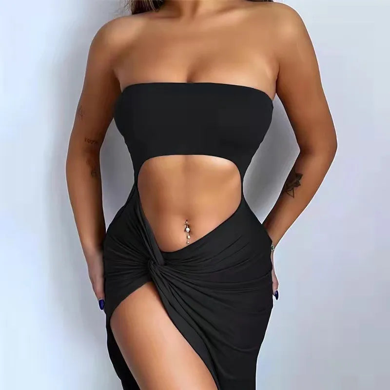 Amazon European and American Foreign Trade Women's 2024 Summer Dress Women's Fashion Solid Color Mid Waist Naked Bra Dress