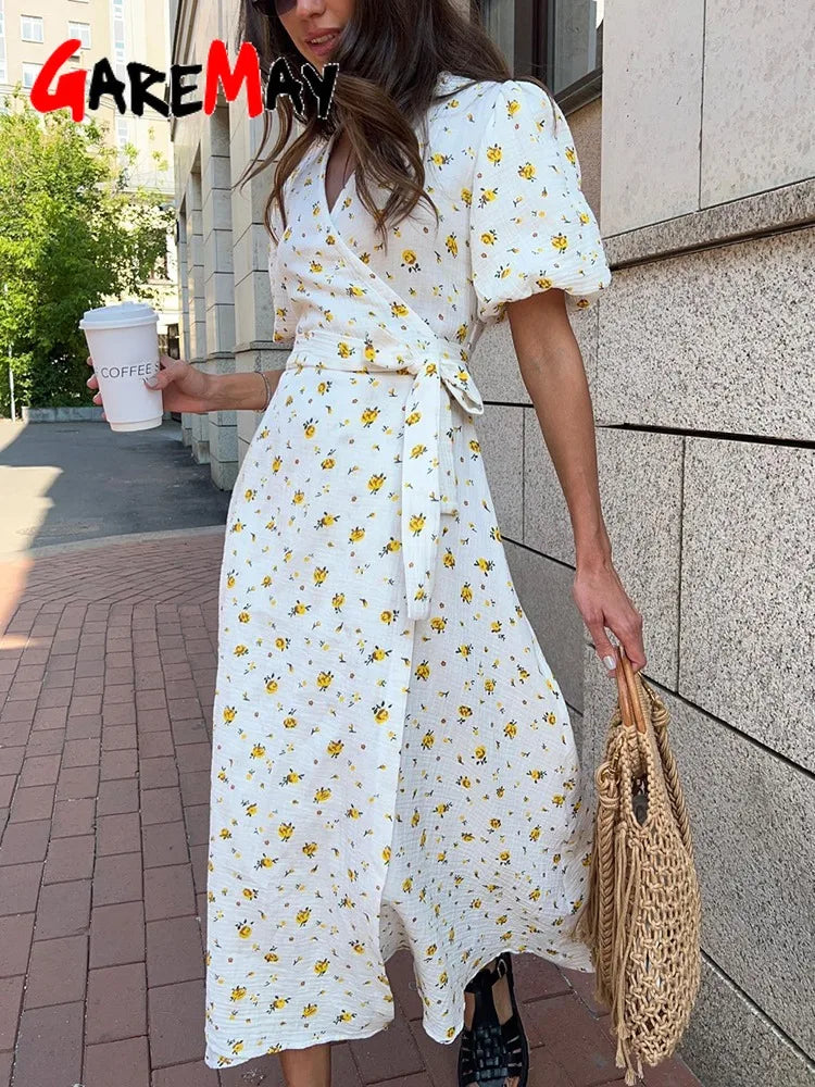 Casual Women's Summer Dresses 100% Cotton Floral Print A-line Midi Dress with Side Slits Long Elegant White Dress for Women 2024