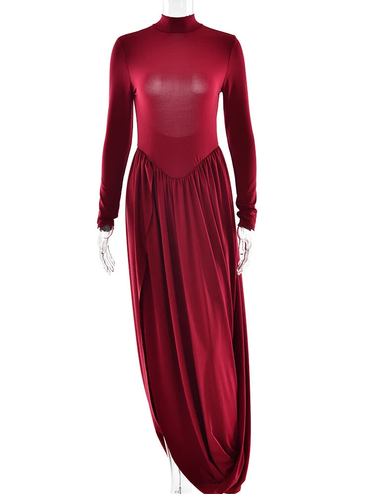 JULISSA MO Sexy High Slit Ruched Women Long Dress Red Long Sleeve High Waist Dress Female Autumn New Elegant Party Clubwear 2024