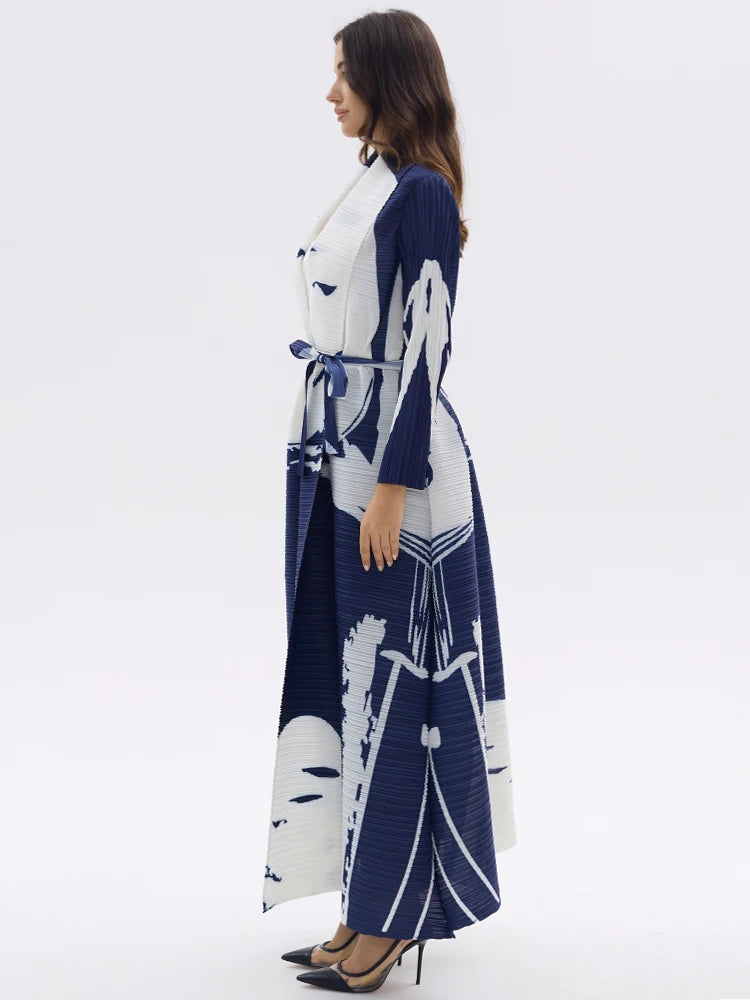 Miyake Pleated Long Sleeve Printed Dress Windbreak Women 2024 Winter New Original Designer Abayas Turndown Collar Belted Coats