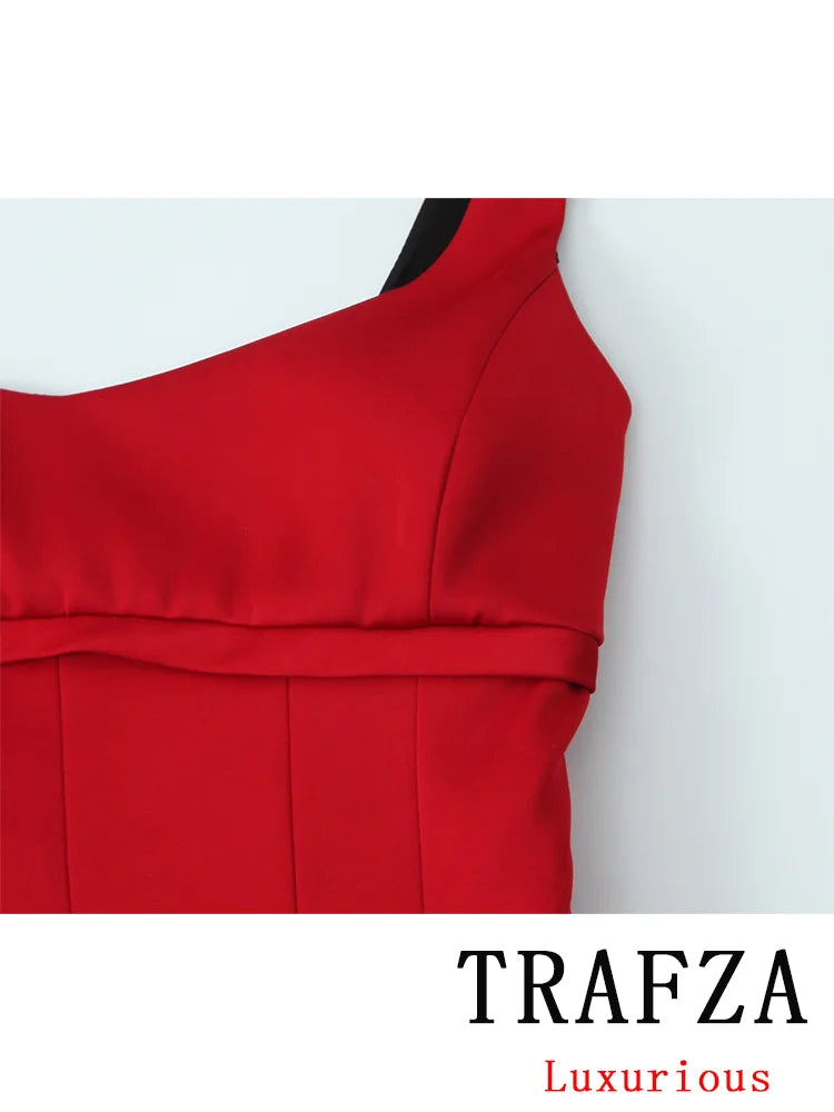 TRAFZA Vintage Chic Red Women Dress Solid A-Line Sleeveless Mini Dress New Fashion 2024 Autumn Winter Female Sexy Party Dress