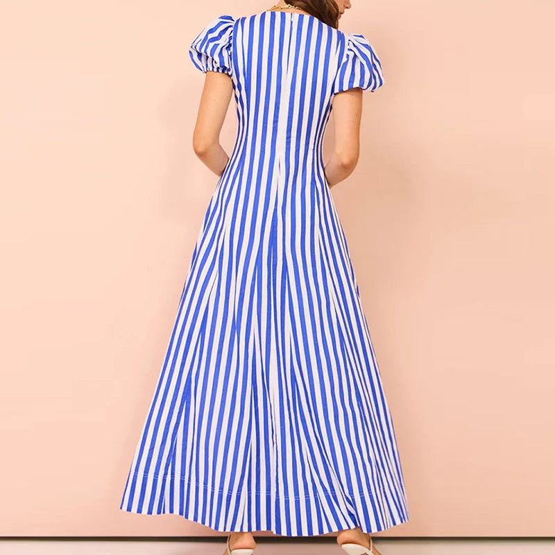 Fashion Holiday Beach Big Hem Dresses Female Striped Print High Waist A-line Long Dress Sexy Deep V Neck Puff Sleeve Party Dress