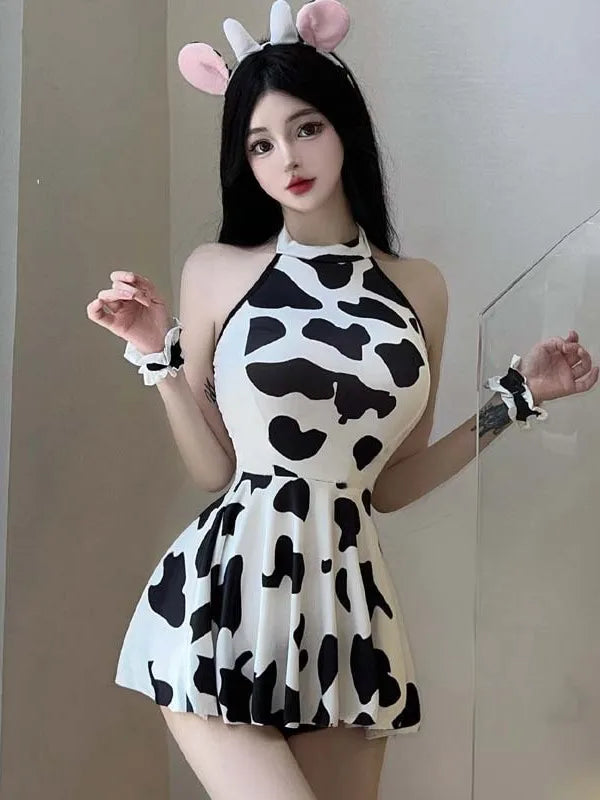 Exotic Summer Fashion Women's new Clothing Hanging Neck Black and White Cow Print Sweet and Cute Girl Style Elegant Dress 7V0Z