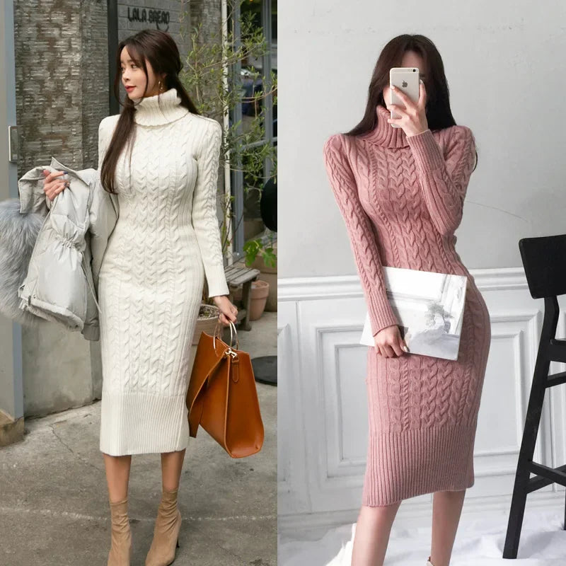 2024 Autumn/Winter Women's Knit Dress Sexy Polo/Turtle Neck Long Sleeve Medium-Length Slimming Smooths Your Silhouette