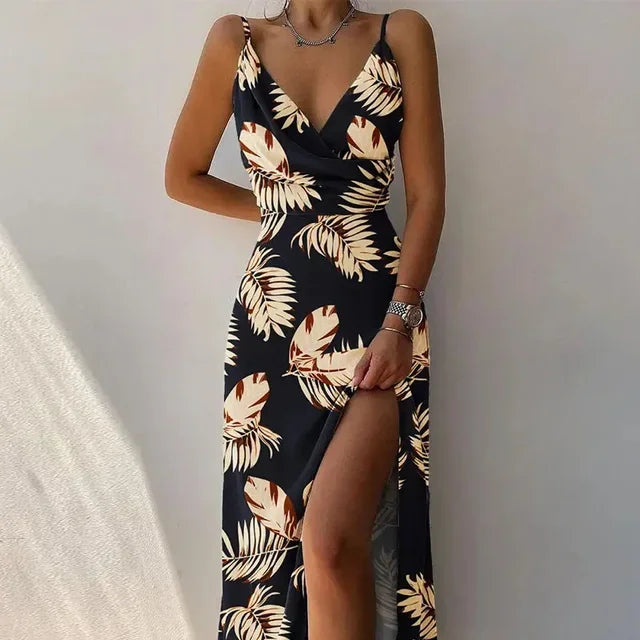 Summer 2024 Women Print Camisole V Neck Sleeveless Dress A Line Spaghetti Strap Sexy Split Evening Skirt Prom Long Dresses