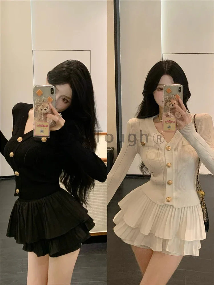 Winter Elegant Knitted Two Piece Set Women V-neck Sweater Tops+Cake Skirt Female Casual Korean Fashion Slim Vintage Set 2024 New