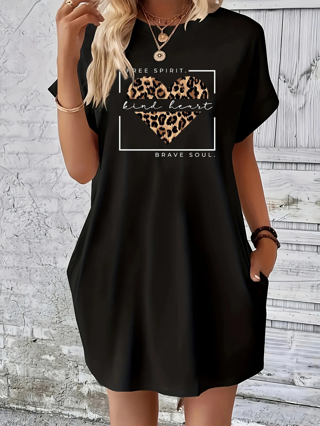 Women's Summer Loose HALF HOOD HALF HOLY Print Round Neck Short Sleeve Pockets Comfortable Casual Plus Size Dress