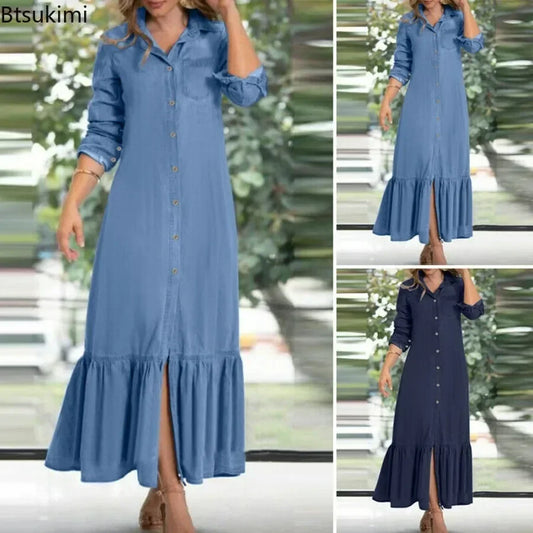 2025 Women's Casual Long Sleeve Jeans Dress Korean Fashion Ladies' Oversized Denim Dress Loose Elegant Beach Streetwear Dress