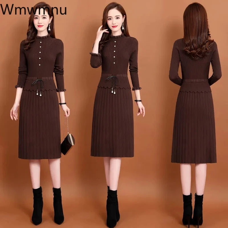 Slim Midi Sweater Dress Elegant Ruffle Long Sleeve Knitted Dress Women Vintage Fall Patchwork Drawstring Waist Bottoming Dresses