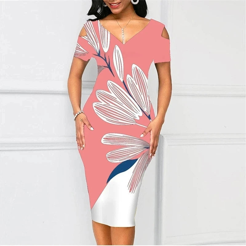 2024 Party Dresses For Women Fashion Elegant Print Bodycon Dress Summer Sexy V Neck Backless Patchwork Slim Work Dresses