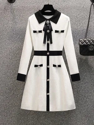 Small Fragrance Fall Winter Knitted Sweater Dress Women Bow Tie Buttons Vintage Party Mini Dress Elegant Casual Chic Robe Femme