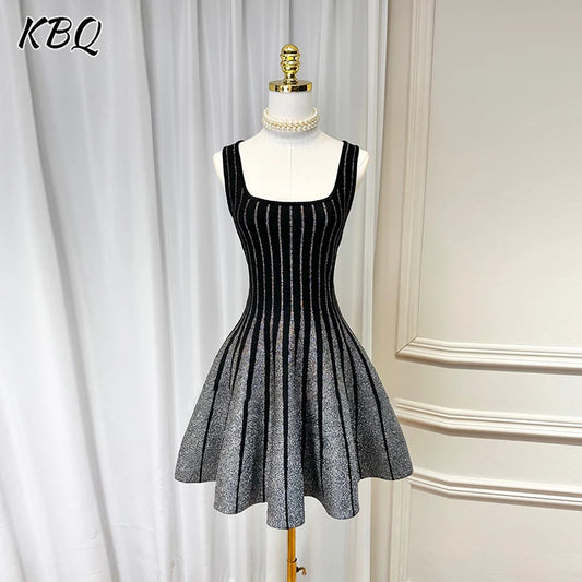 KBQ Colorblock Sexy Slimming Mini Dresses For Women Square Collar Sleeveless High Waist Minimalist A Line Dress Female Fashion