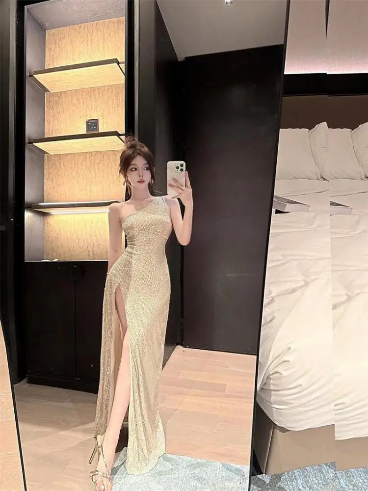 Summer Beige Sexy Club Off Shoulder Sequin High Split Long Dress Women 2024 Elegant Backless Birthday Party Evening Prom Dresses