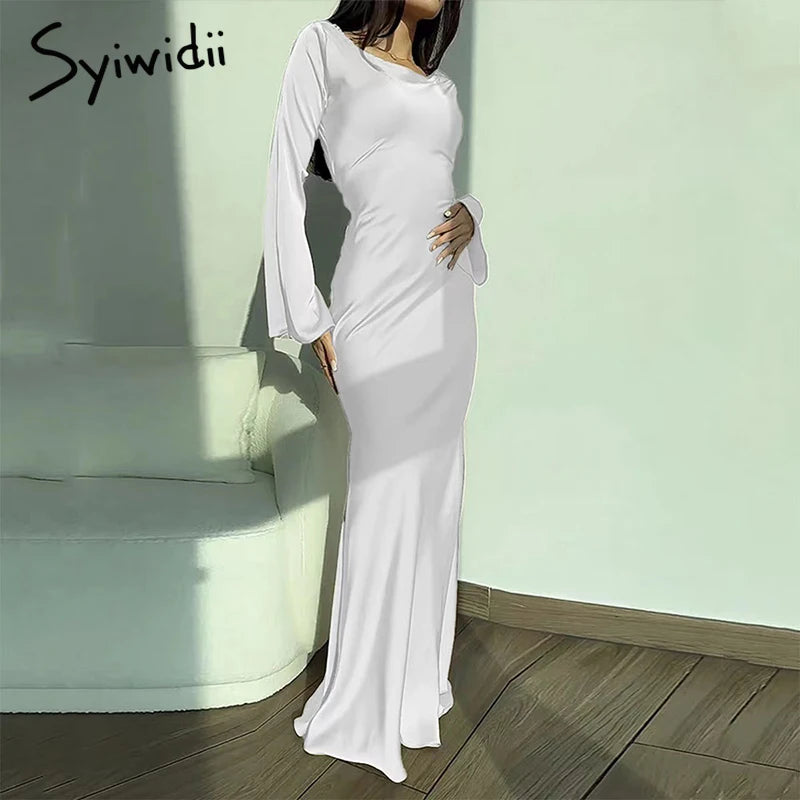 Syiwidii Maxi Dresses for Women Flare Sleeve Solid Dress O-Neck Slim Dresses 2024 New Fashion Casual Lady Elegant Party Dress