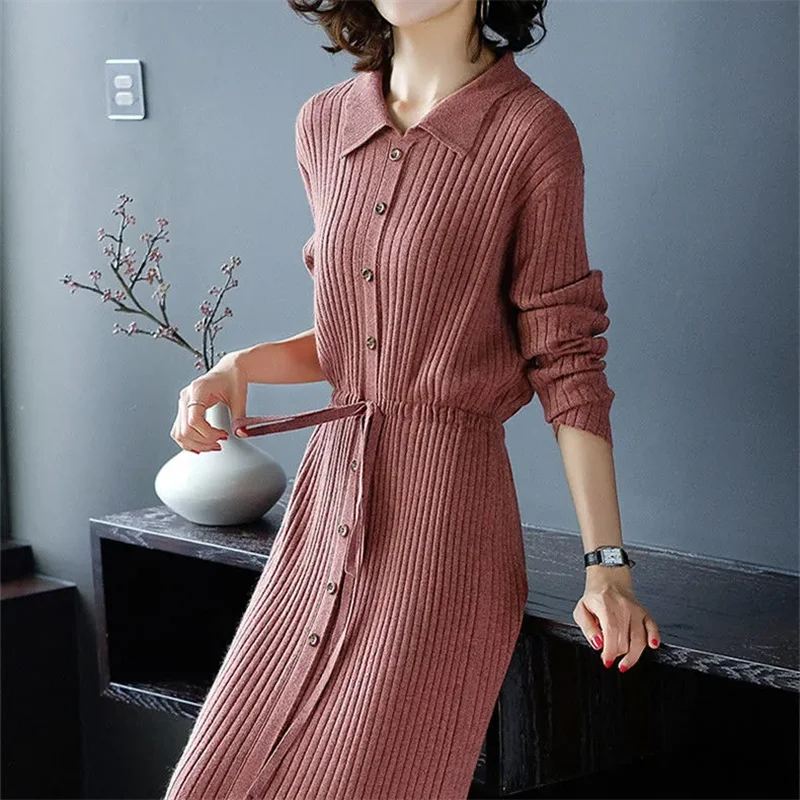 Loose Pullover Sweater Dress Lace-UP 2025 New Spring Size XXXL High-End Turn-Down Collor Long Knitted Dress Women's Autumn Dress