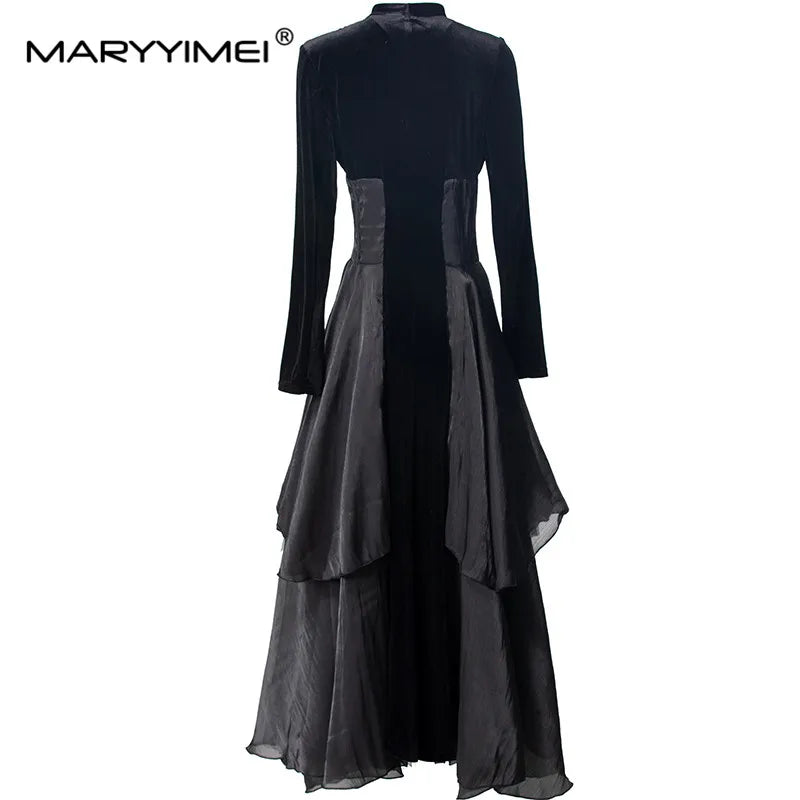 MARYYIMEI Autumn and winter Women's Dress V-Neck Long-Sleeved High waist Flounced Edge design New Style Dresses With shawl