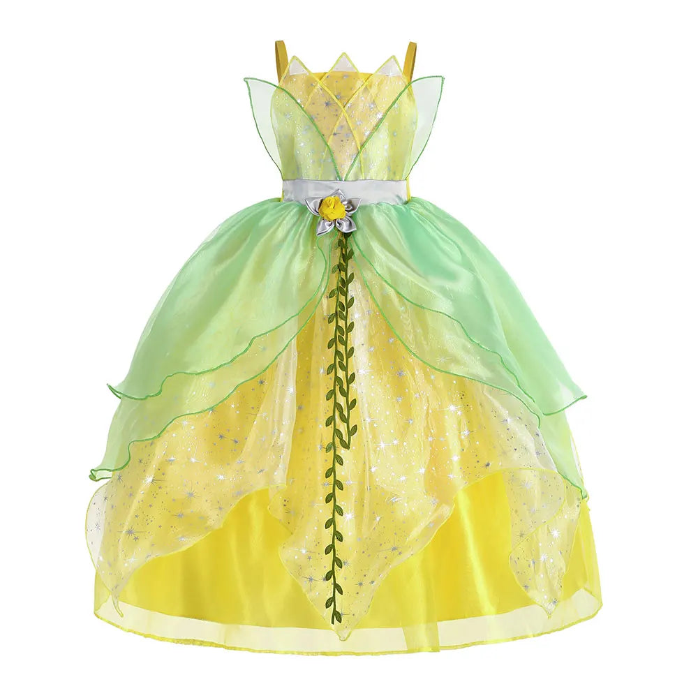 Classic Girls Fairy Tale Tiana Cosplay Costume Elegant Princess Green Party Dress Christmas Ball Gown Princess and Frog Vestidos