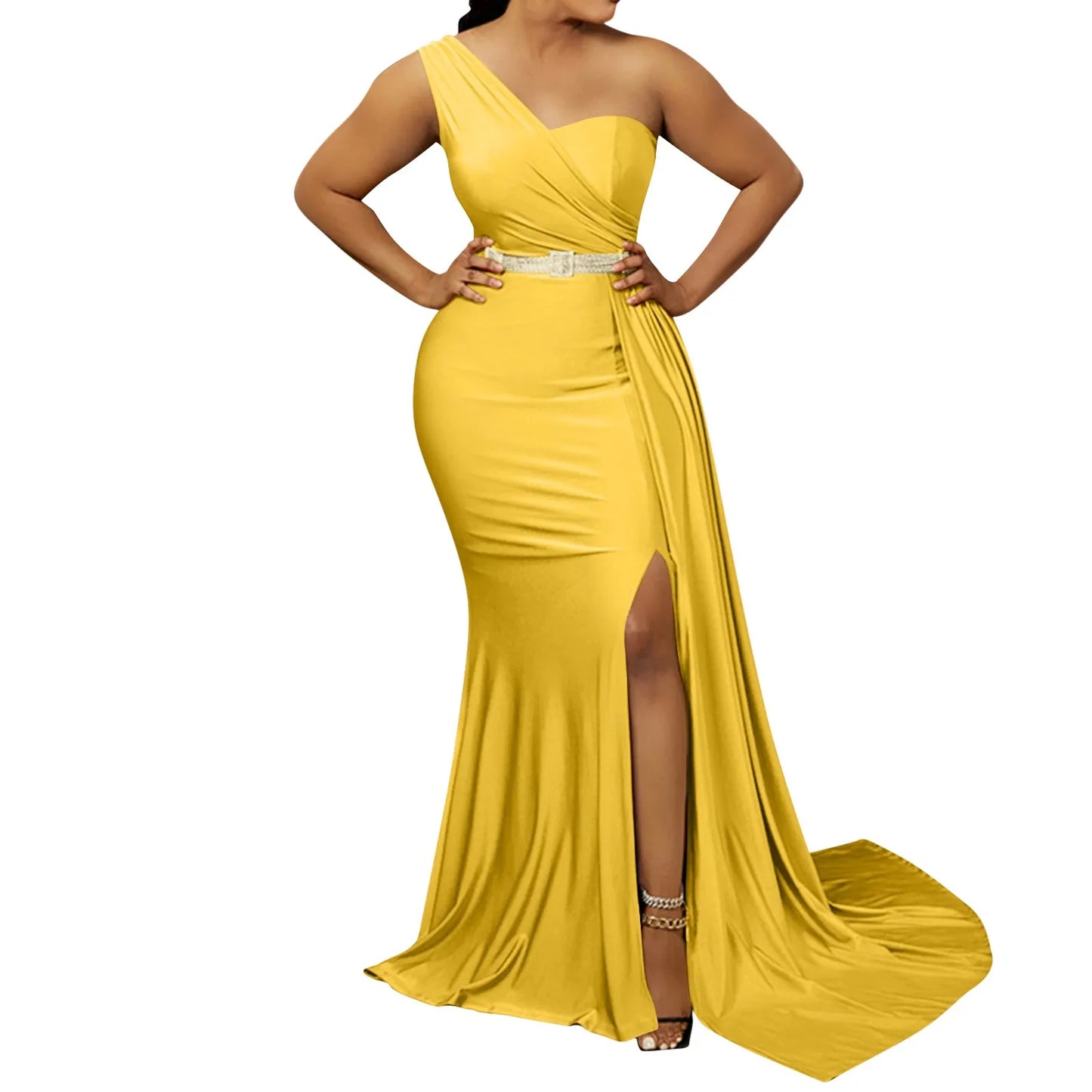 Yellow Women Sexy Bodycon Dresses Elegant One Shoulder Formal Party Event Evening Dress Female Side Slit African Gowns Vestidos