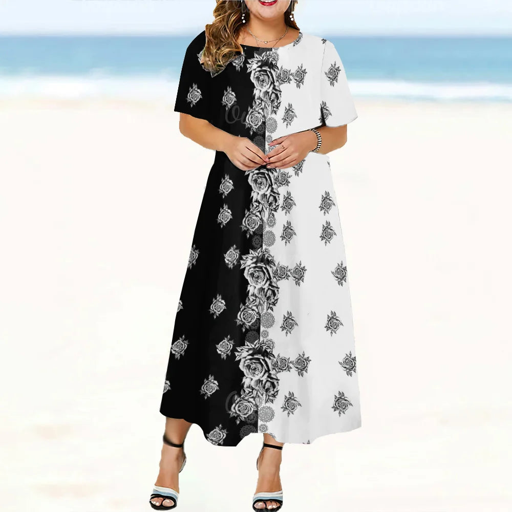 Elegant Fashions Womens Dresses Oversize Woman Dresses Clothing Round Neck Short Sleeves Long Dress Flowers Print Loose Pullover